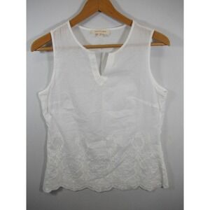 Solitare Embroidered Eyelet Sleeveless Top Women M Solid White Lightweight Vneck